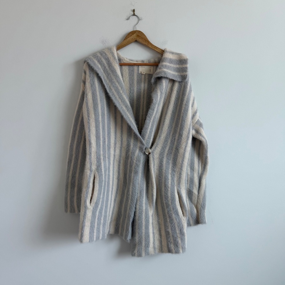 Anthropologie Moth Sweater Coat in Beige and Grey Stripes Size Small